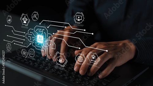 Hands Typing on Laptop with Digital AI Interface and Technology Icons Representing Innovation, Data Analysis, and Future Trends in Modern Computing Gluon.