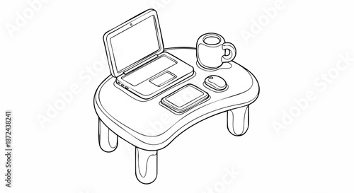 Line art illustration of a portable laptop desk with a laptop, phone, mouse, and coffee mug, perfect for remote work or study.
