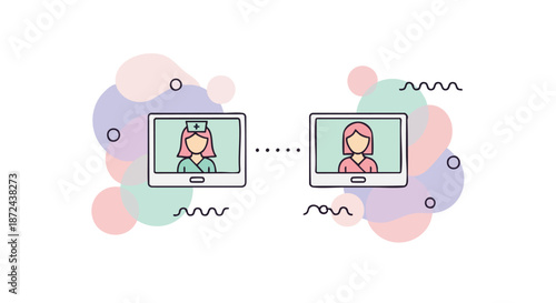 Illustration of two people on video call, one is a doctor, representing telemedicine and remote healthcare consultation
