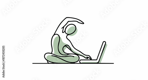 Person practicing yoga or stretching while sitting at a laptop, representing online fitness and remote work balance