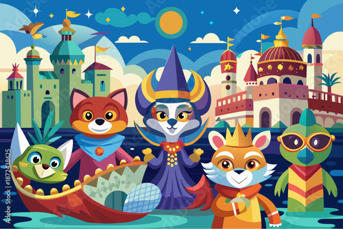 Cartoon animals in royal and festive costumes standing by a fantasy palace near water under a bright blue sky