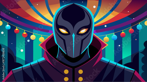 Mysterious masked figure with glowing eyes in a dramatic costume standing under colorful carnival lights at night
