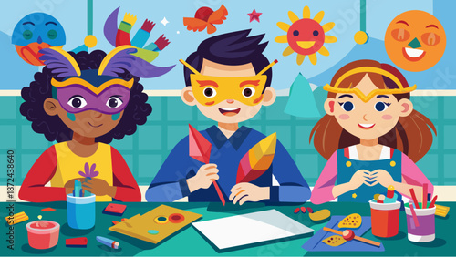 Happy children making colorful carnival masks and decorations during a fun arts and crafts activity in a classroom