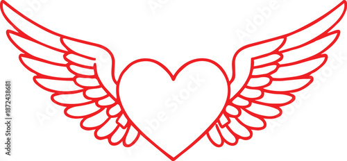 A simple red line drawing depicts a heart shape adorned with outstretched wings on a white background
