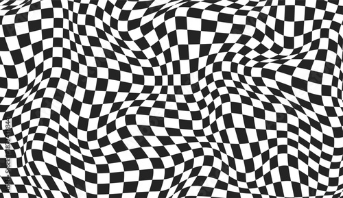 Black and white background. Checkered background. Chessboard distorted surface. Abstract banner with distortion effect. Checkered pattern. Vector illustration.