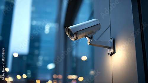 Security camera mounted on a modern building exterior provides surveillance and protection against crime in urban areas