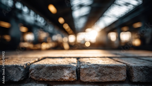 建設現場の石の表面に夕日の光が灯る