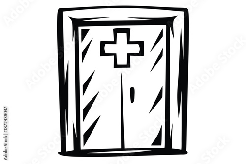 Isolated black and white cartoon entrance to a medical facility features symbolic cross