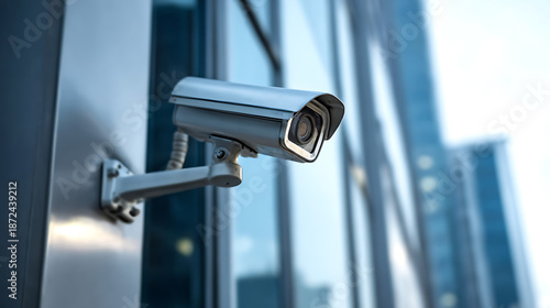 Security camera mounted on a modern building exterior provides surveillance and protection against crime in urban areas