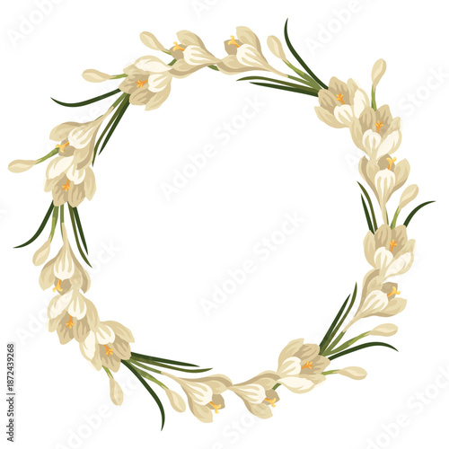 Hand-drawn floral wreath made of crocus flowers and buns and leaves, spring botanical composition