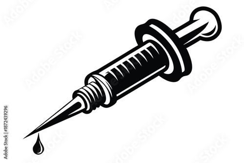 syringe featuring a dripping fluid is presented in monochrome black and white