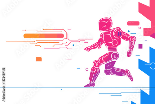 A vibrant illustration showcases a futuristic robot in motion, depicted with energetic lines and a dynamic color palette against a clean white background, symbolizing technological advancement.
