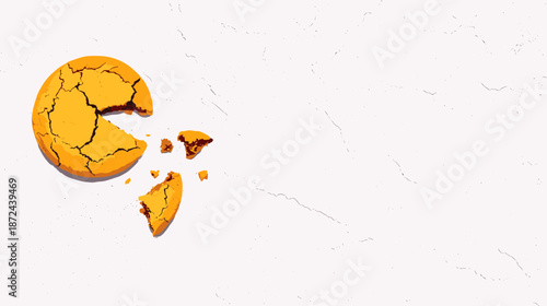 A close-up studio shot presents a partially eaten, golden-brown cookie with crumbs, isolated against a textured white background, perfect for food-related designs.