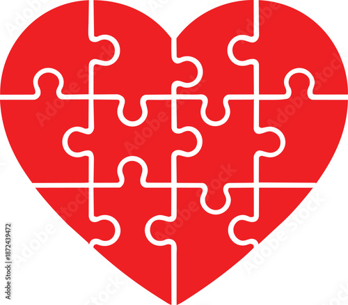 A vibrant red heart shape meticulously constructed from interlocking puzzle pieces symbolizing connection and wholeness