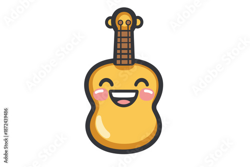 A cheerful cartoon ukulele with a smiling face, rendered in a cute and playful style, perfect for musical themes, children's content, and educational materials against a clean white background.