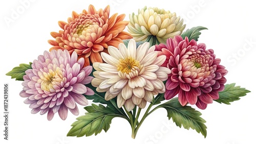 Wallpaper Mural A digitally painted arrangement of colorful chrysanthemum flowers on white background Torontodigital.ca