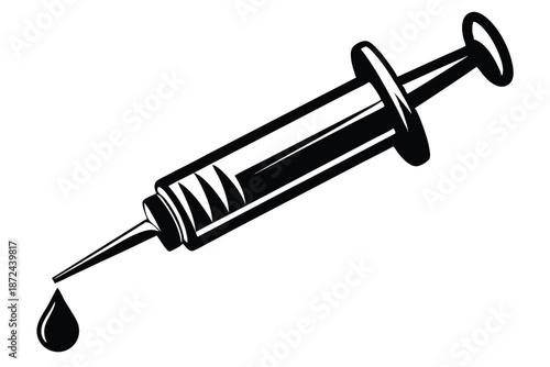 A black and white shows a syringe dripping liquid from the needle