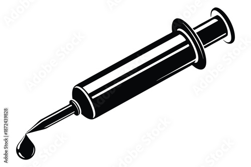 Monochrome syringe dispenses a single droplet from its needle in stark contrast