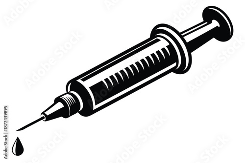 Black and white medical syringe dispenses a single drop from its sharp needle tip