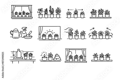 Herb overview clarity line garden windowsill indoor calm airflow icon vector silhouettes
