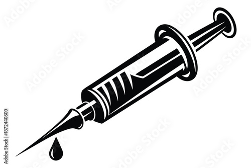 Isolated black silhouette showcases a hypodermic needle with a single dripping droplet on white