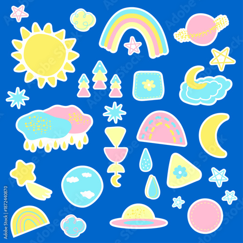 A set of stickers with cartoonish cute children's images of the sun, moon, clouds, raindrops, rainbows, stars, and planets. Beautiful and delicate stickers for decorating children's rooms and notebook