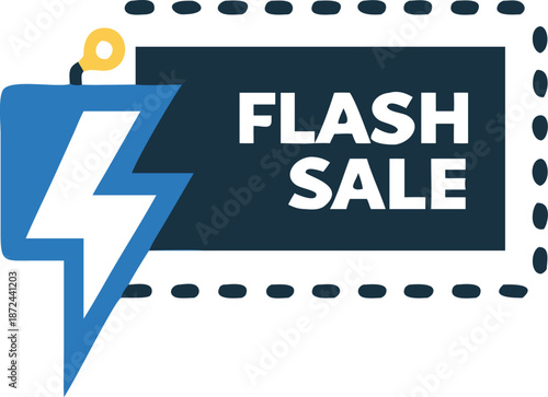 A blue electric bolt showcases a flash sale displayed on a black dotted label