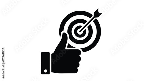 A black silhouette depicting a hand pointing towards a bullseye with an arrow