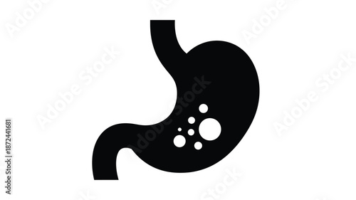 Simple black silhouette of a human stomach with visible internal structure and some spots