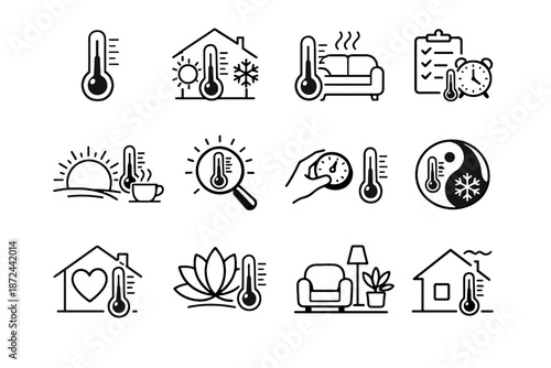Vector indoor icon mindful routine thermometer balance comfort minimalist clarity temperature icons