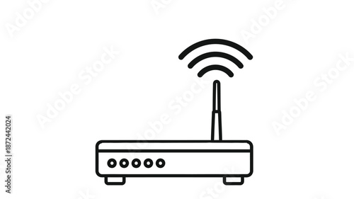 Simple black and white line drawing of a wireless router with signal waves above it
