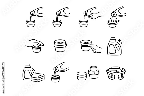 Icon vector area spill practical dosing handling laundry cap set stream