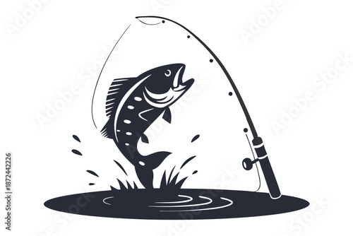 Leaping fish caught on fishing rod over water shows action and excitement