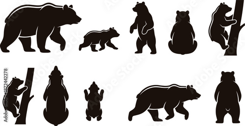 Bear silhouettes, walking bear, standing bear, sitting bear, climbing bear, bear with cub, wildlife art, brown silhouettes, nature illustration