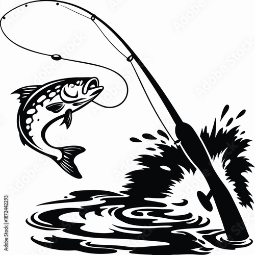 In black and white art, a leaping fish gets caught by the fishing rod