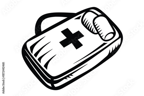 Isolated sketched first aid kit bearing a prominent white cross symbol is shown