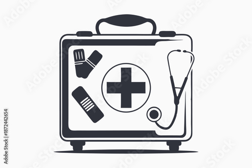 Silhouette first aid kit featuring stethoscope and bandage medical health supplies for assistance