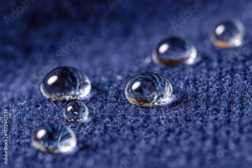 青い布地に水滴が浮かび、独特の形を作ります