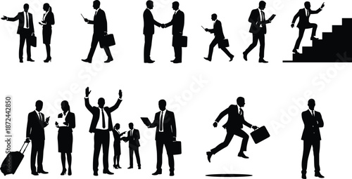 Businesspeople silhouette collection, corporate activity poses, professional vector art, office lifestyle graphics, teamwork illustration set, success concept design