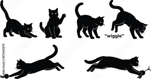 Cat silhouettes stalking, wiggling, pouncing, playful hunting sequence, black vector art, feline motion, toy interaction, animal behavior, pet agility