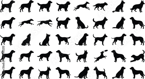 Dog silhouette grid, various poses, sitting, standing, running, jumping, black icons, breed diversity, pet motion, animal illustration