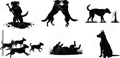 Dog silhouettes playing, digging, relaxing, running, sniffing, interacting, black pet shapes, outdoor behavior, animal motion, canine activity, vector art