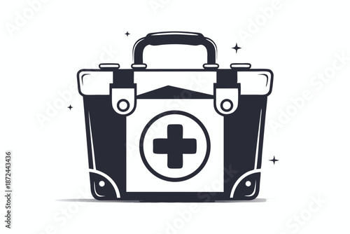 Isolated monochrome first aid kit displays a bold cross symbol and stars around it