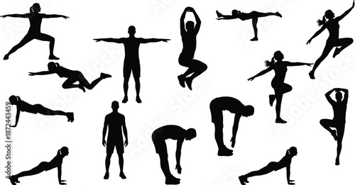 Exercise silhouette collection, fitness pose vector, stretching and workout design, body movement illustration set, physical training graphic