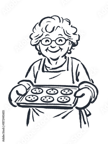 Grandmother baking cookies doodle line art vector illustration