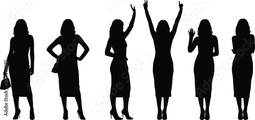 Female silhouette poses, black dress figure art, expressive gesture illustration, fashion vector design, body language set, character concept graphics