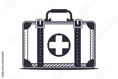 An isolated first aid kit with a cross symbol presented in monochrome stands ready