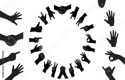 Hand gesture silhouette set, black vector hands, communication signs, pointing, peace, thumbs up, OK symbol, graphic illustration