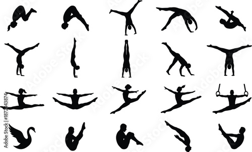 Gymnast and dancer silhouettes, athletic poses, artistic movement, handstand, split, leap, ring exercise, black icons, graceful body motion