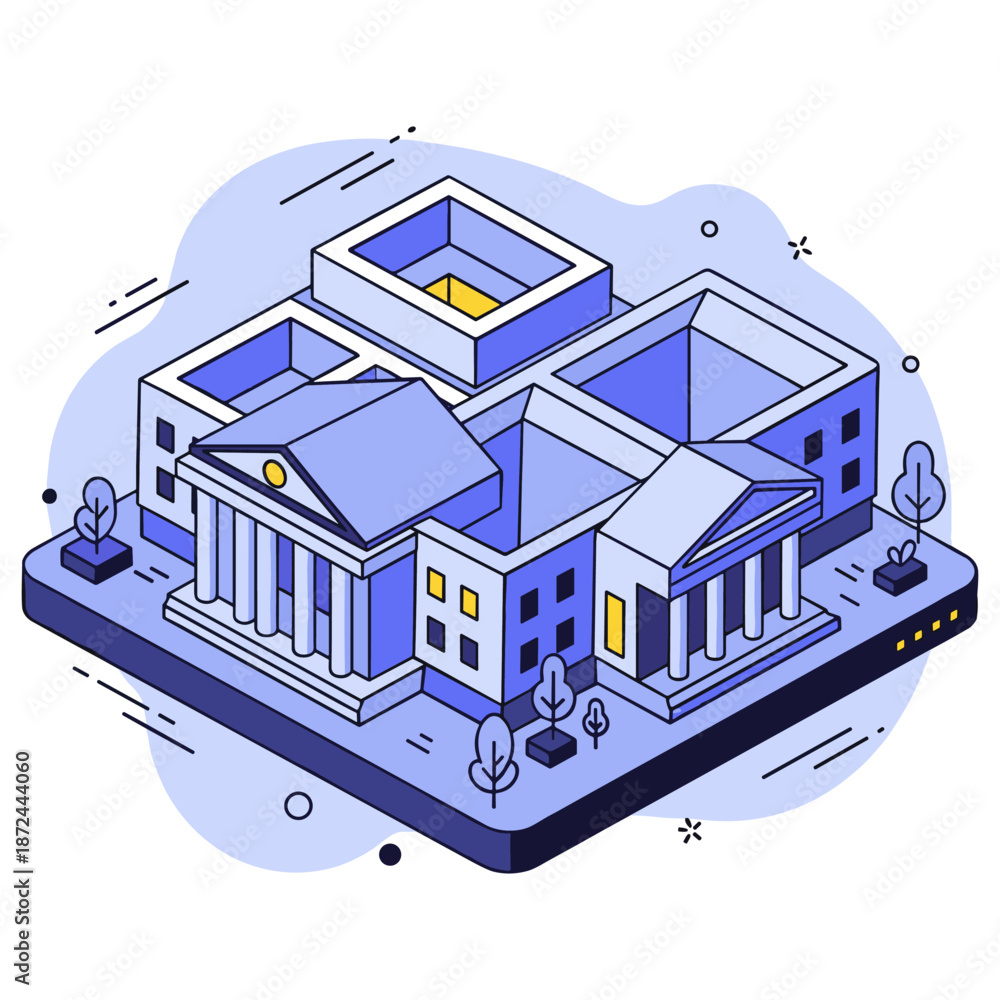 Naklejka premium Modern isometric bank building illustration with classical architecture elements. No editable stroke